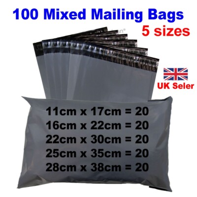 100 Mixed Mailing Bags Strong Grey Plastic Poly Postal Postage Mailer -5 Sizes 