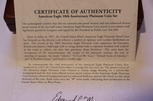 2007-W American Eagle 10th Anniversary Platinum Coin Set, PCGS PR70 & PR69 DCAM. - Picture 13 of 16
