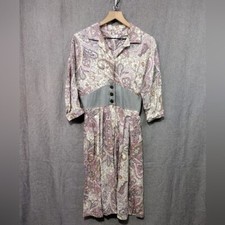 Vintage Paisley Defined Waist Button Dress Women's 10 Pink Fairy Artsy Babydoll