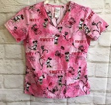 Disney Women's Scrub Top Size XS Pink Cotton Butterflies Minnie Mouse    W009