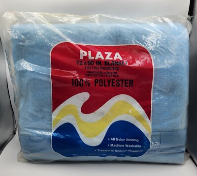Vintage Plaza Blanket Blue Twin/Full 100% Polyester  Nylon Binding Beacon  USA