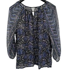 Lucky Brand 1X Blouse Purple Black Floral Key Hole Long Sleeve Sheer BOHO