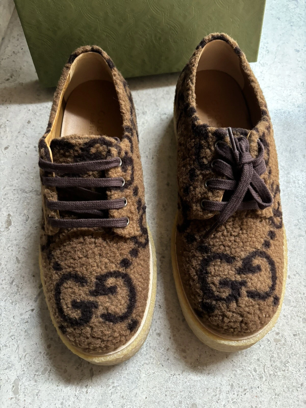 GUCCI HOOPER MARRON DENTELLE TRICOT FOURRURE GG MONOGRAMME US 12 / G 11,5