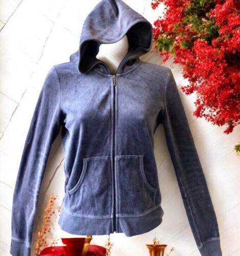 Juicy Couture Hoodie Velour Jacke Reißverschluss grau Y2K Logo Scotty Dog Damen Medium M - Bild 3 von 13