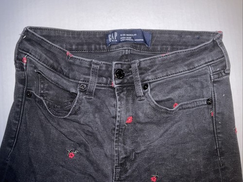 Gap Denim Black Universal High Rise Legging Jean Red Floral Embroidery Size 6 28 - Picture 3 of 5