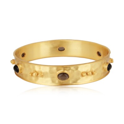 Dick gehämmert Band Armreif 18k Gelbgold vergoldet Rauchstein Frau Geschenk S...