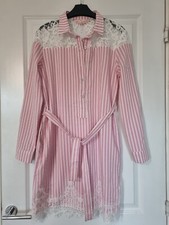 CEM WOMEN PASTEL BABY PINK WHITE STRIPE LACE TRIM BELTED TUNIC SHIRT DRESS - MED