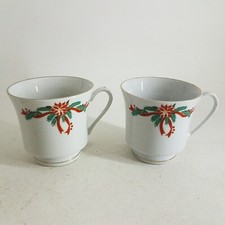 Christmas Tea Cups Holly 2 Pieces Poinsettia Ribbons Fine China
