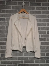 Nic+Zoe Cream  Fringe Tweed Chic Textured Open Front Zip Pockets Blazer Jacket M