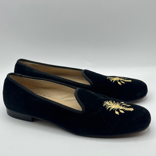STUBBS & WOOTTON Black Velvet Loafers Gold Embroidered Palm Tree Sz 8 AA  - Picture 2 of 7