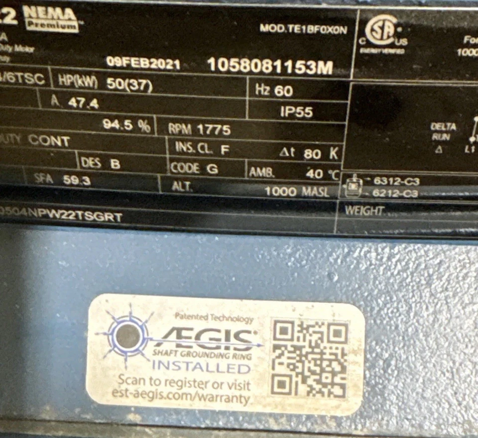 WEG W22 50 HP Motor 3 Phase 575 Volts 47A 1775 RPM W/Aegis can arrange shipping - Image 4 of 4