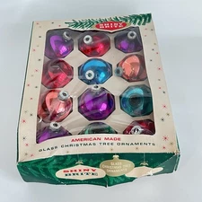 12 Vintage, Shiny Bright Christmas Ornaments 3" With Box Multi Colors 50’s MCM