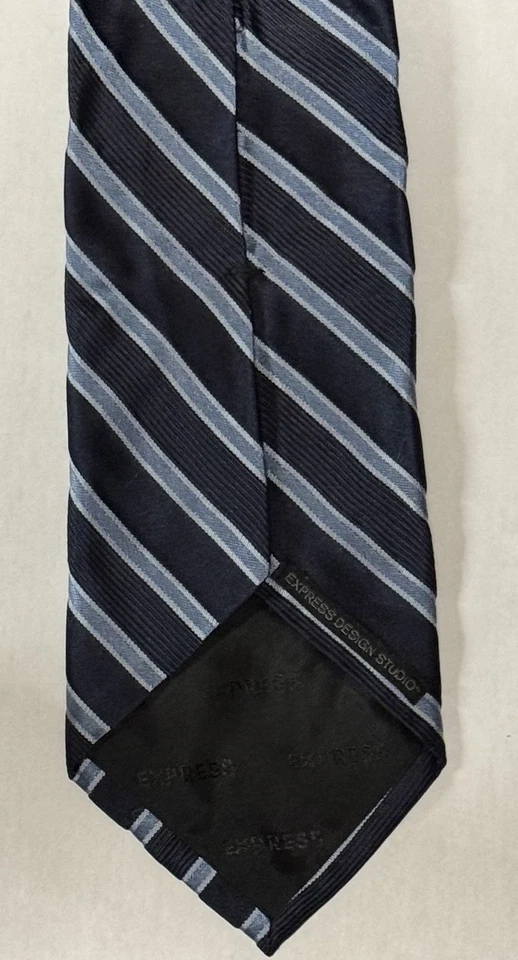 Corbata Express Studio, 100 % seda, rayas azul marino y azul claro, negocios, corbata Preppy Foto 3 de 3