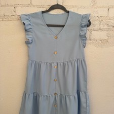 Girls Ruffle Blue Sleeve Dress Kids V Neck Button Down Tiered A-Line Sundress