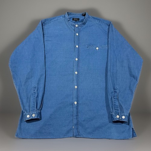Hugo Boss, Vintage Hugo Boss Mens Denim Long Sleeve Band Collar Button Up Shirt Sz M