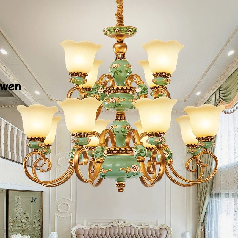 Villa Living Room Chandelier Luxury Resin Pendant Lamp Retro Glass Ceiling Light - Image 3 of 4