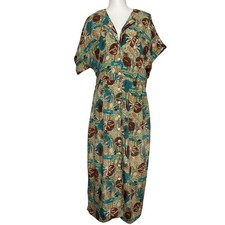 Vintage Hawaiian Jungle Tropical Print Button Front Maxi Dress Large Lagenlook