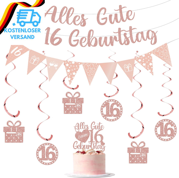 Deko 16. Geburtstag MäDchen Girlande Set - Rosegold Geburtstagsdeko Banner Torte-image