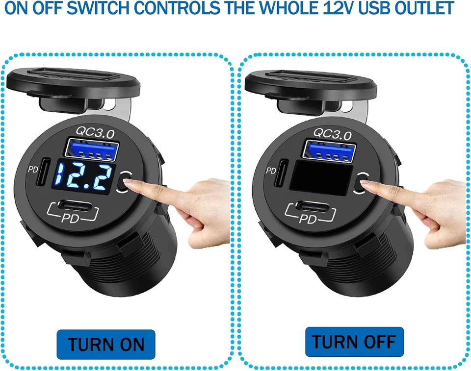 LOTE Voltímetro LED Cargador Rápido Coche 12V-24V PD+QC3.0 Doble USB Toma de corriente Foto 4 de 4