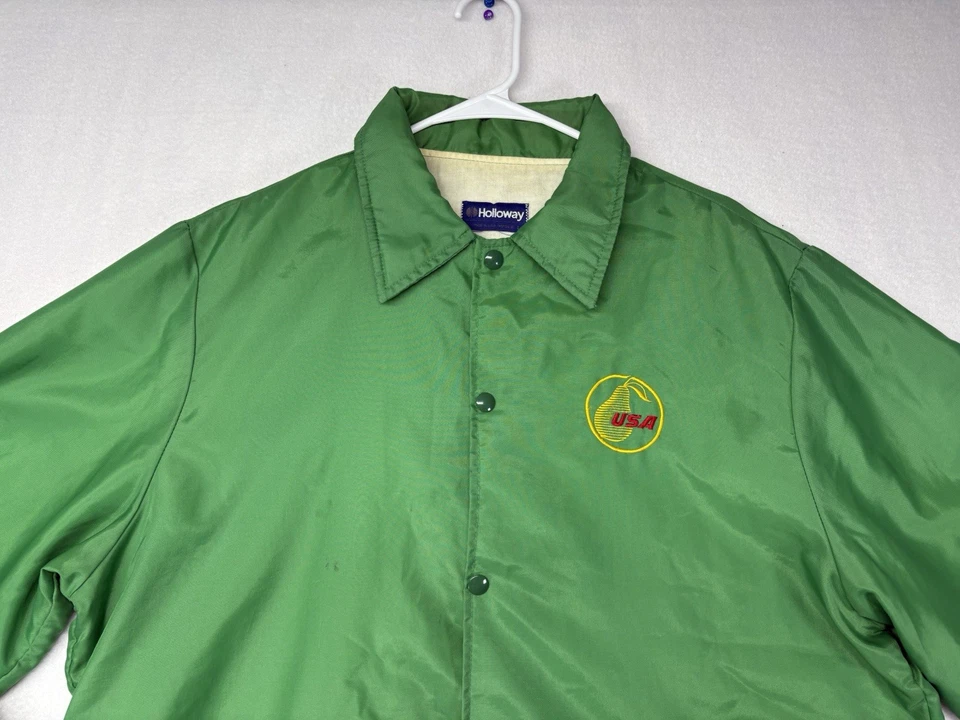 Bombardero años 80 EE. UU. Peras Pera Oficina Holloway Verde Brillante SATINADO Raro De Colección Talla Lg Foto 2 de 4