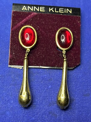 Vintage Anne Klein Big Earrings New* Running Way Gold Tone Red