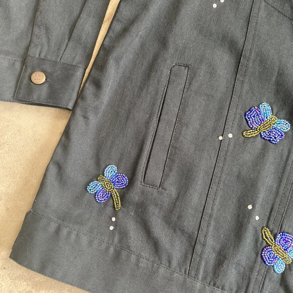 Quacker Factory Jacket Womens sz 1X Black Beaded Dragon Fly Button Pockets Denim - Image 3 of 4