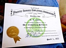 VINTAGE  PG&E MEMORABILIA PACIFIC GAS  PSEA CERTIFICATE MECHANICS SEAL 1955