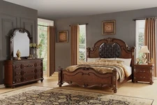 Traditional Formal 4pc Bedroom Furniture Set Queen Cherry Finish Carving Wood