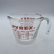 VTG Pyrex  508 Clear Glass 1 Cup/250 ML Measuring Cup Red Letters Open Handle