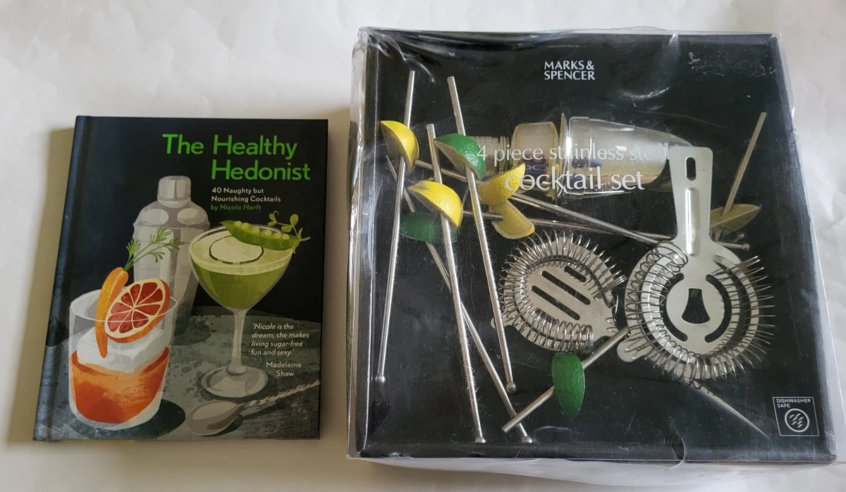 M S COCKTAIL BAR SET SHAKER STIRRING STICKS JIGGER STRAINER BOOK HEALTHY HEDON