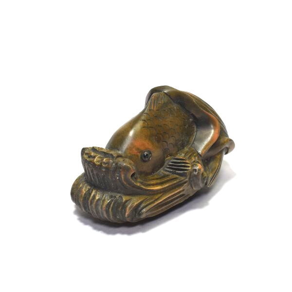 おてまえ Netsuke Antiqu Carp Signed Japanese Boxwood carved inro Ojime Edo