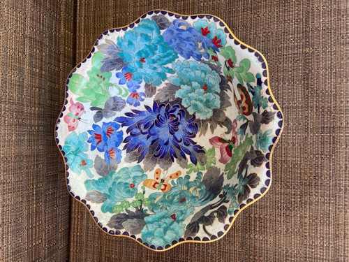 Vintage Painted Brass & Enamel 10" Bowl Flowers and Butterfly Butterflies