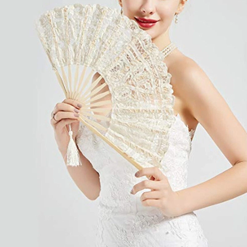 1/2X Vintage Folding Hand Fan Lace Bamboo Fan Wedding Party Dancing Fan Cosplay - Image 3 of 4