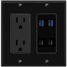 2 USB-3 2 USBC Port Wall Plate Black w Power Outlet