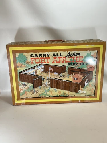 1960s MARX CARRY-ALL ACTION FORT APACHE PLAY SET #4685 w SOLDIERS INDIANS HORSES