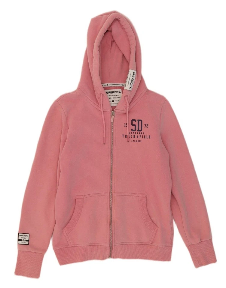 Suéter com capuz feminino SUPERDRY gráfico de atletismo com zíper Reino Unido 14 grande rosa AJ08 - Imagem 3 de 4