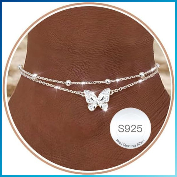 FußKettchen Damen Silber 925 Wasserdicht Schmetterling Herz Perlen Set-image