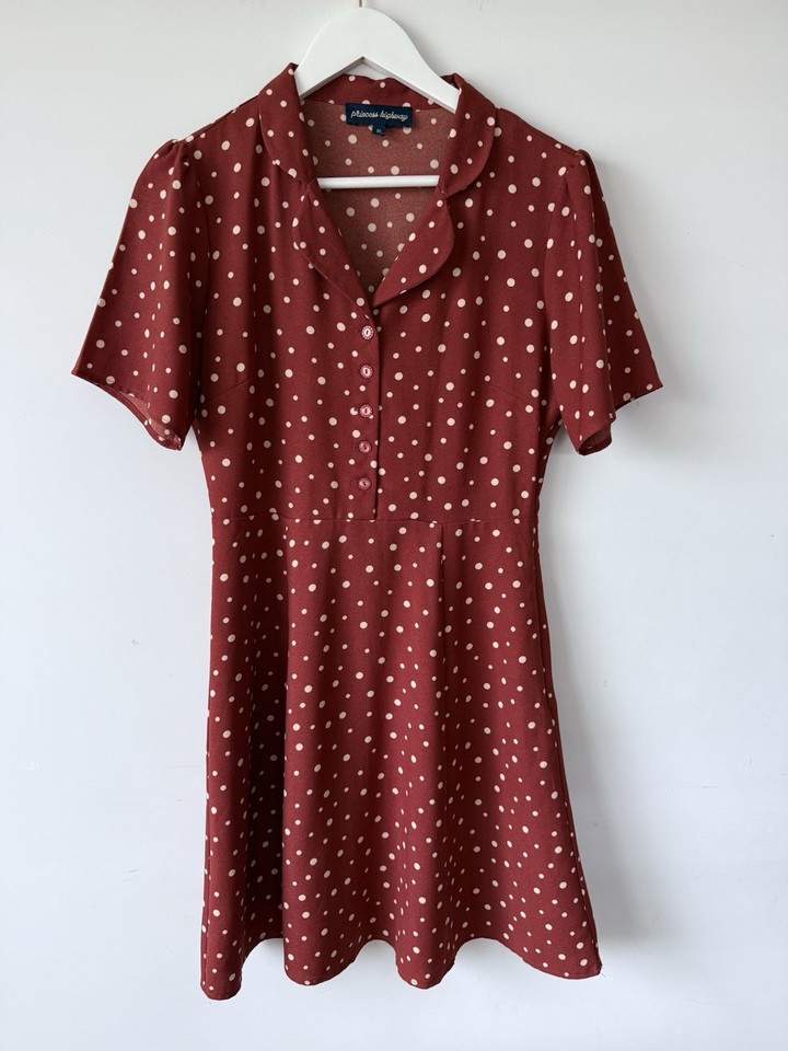 Princess Highway Rust Brown Cream Polka Dot Vintage A-Line Dress AU 10 