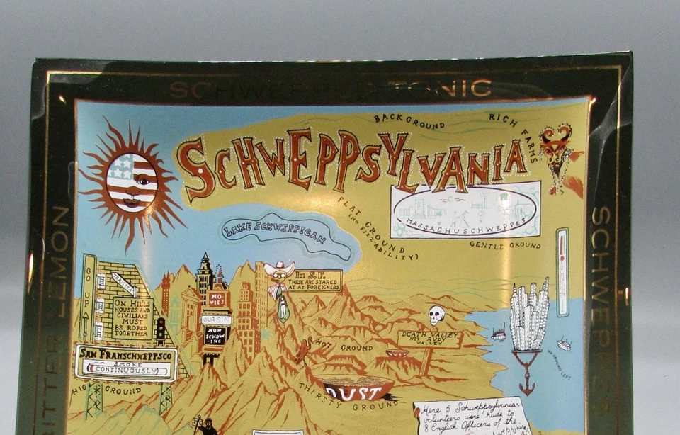 Vintage Schweppsylvania Schweppes Advertising Glass Tray Map Barware Recipes - Image 2 of 4