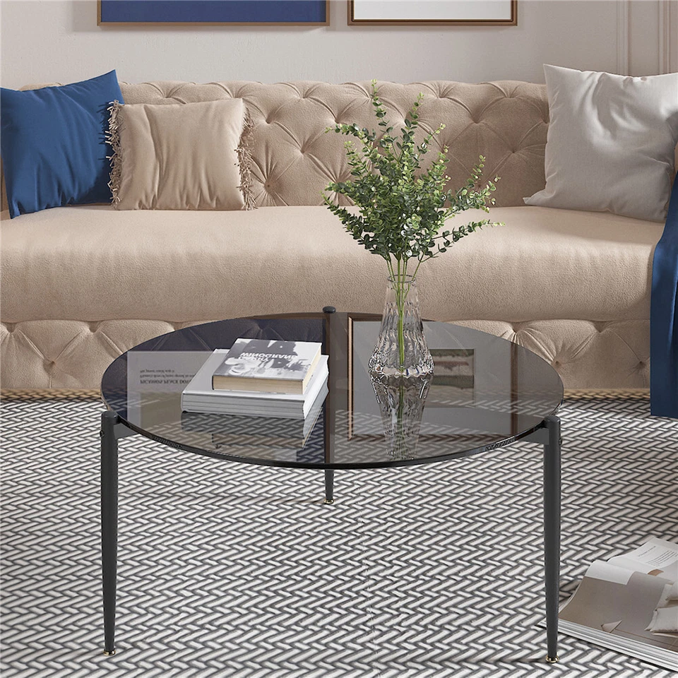 Mesa de centro redonda con tapa de vidrio de arte moderno de 2 tamaños sofá mesas laterales Foto 2 de 4
