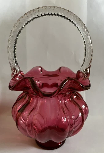 Vintage Fenton Pink Cranberry Glass Basket   Ruffled Top   Clear Handle  8”