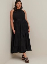 Torrid Size M/L 00 Tiered Maxi Dress Lindsay Hi Low Tie Waist Black Pockets New