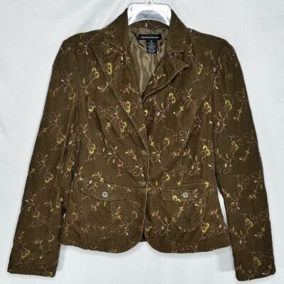 Good Clothes Olive Green Corduroy Blazer With Embroidered Flowers Bohemian Sz M