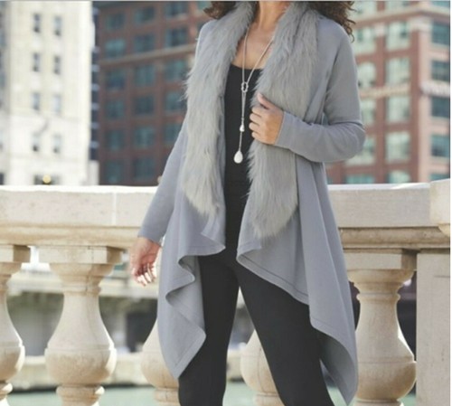 Faux Fur Trim Sweater Cardigan Jacket 
