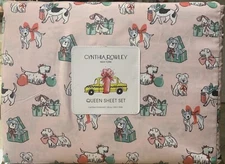 Cynthia Rowley Christmas Dogs Queen Sheet Set Holiday Bows Presents Pets New