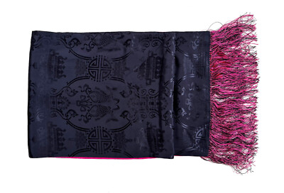 SHANGHAI TANG Fringed Scarf Silk Jacquard Reversible Magenta Navy
