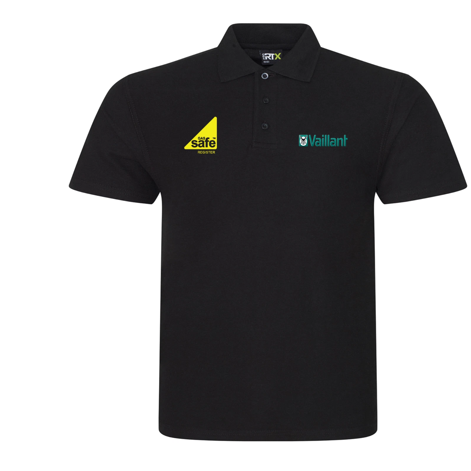 Embroidered Polo shirt plumber with gas safe logo and Vaillant logo opposite sid
Opens in a new wind
