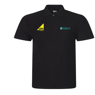 Besticktes Poloshirt Klempner mit Gas Safe Logo und Vaillant Logo gegenüberliegende Seite