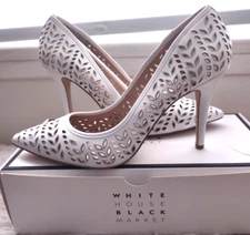 WHBM Olivia laser cut 9.5M perforated leather PUMP HEELS Ecru Off White New
