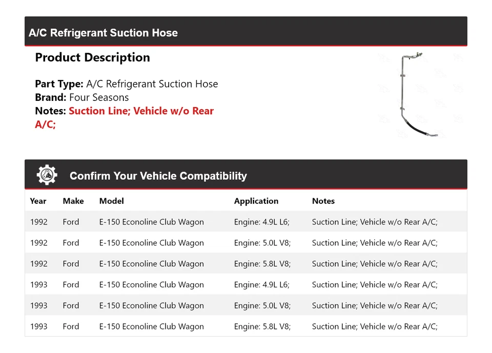 Para 1992-93 Ford E-150 Econoline Club Wagon linha de sucção mangueira conjunto 4 estações - Imagem 2 de 4